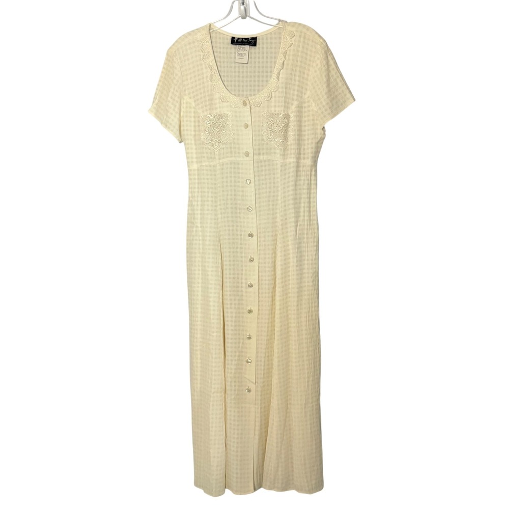 Vintage All That Jazz Gingham Maxi Dress Cream Lace Trim Button Front - 13/14